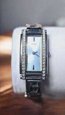 Guess Silver-Tone Crystal Tank-Style Bracelet Watch Rectangular Y2K Aesthetic